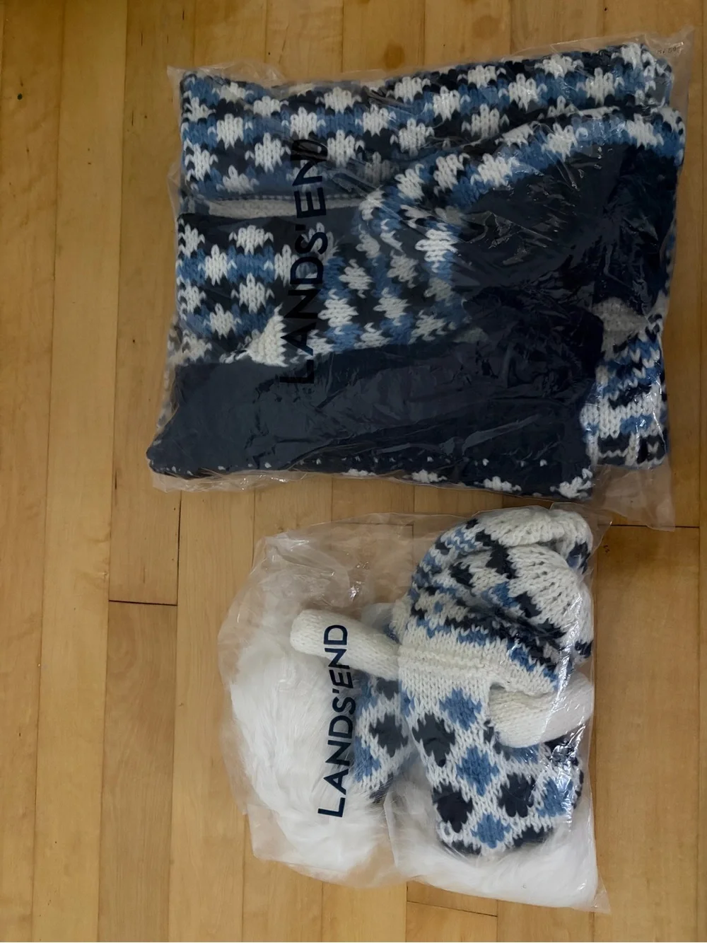 NWT Lands End Fair Isle Oblong Scarf and Faux Fur Mittens Set
